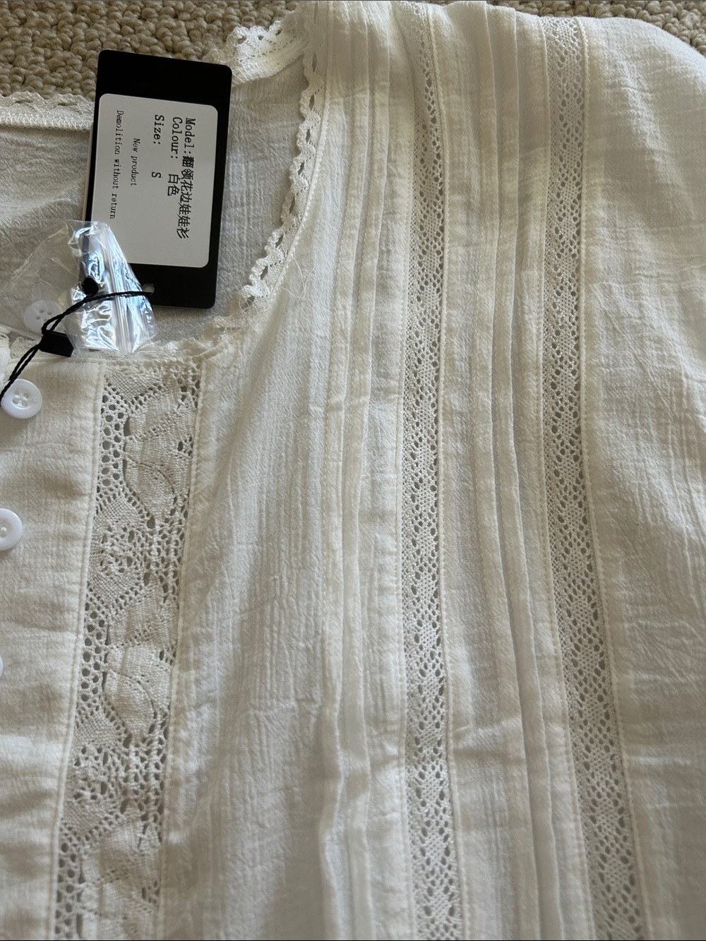 Women's White Textured Button Front Ruffle Top - Picture 3 of 6